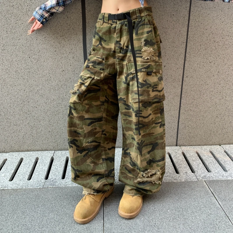 

Cargo Pants Denim Pant Camouflage Jeans Traight Trousers Y2k Streetwear Casual Vintage Washed Loose High Waist Pockets Belt 2026