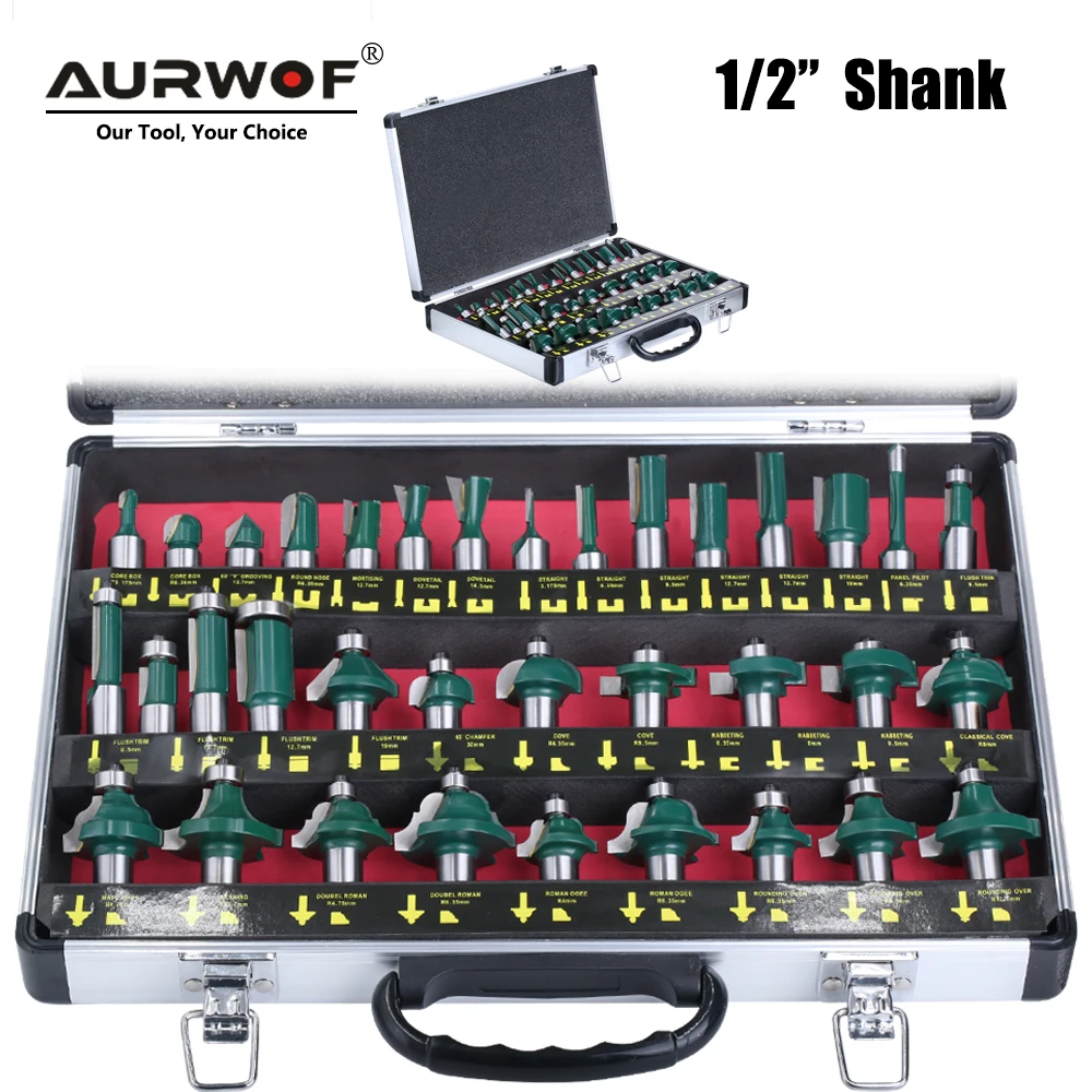 AURWOF 35PCS 1/2 Inch Shank Woodworking Router Bit set Milling Cutter Bits Straight Engraving Machine Tools