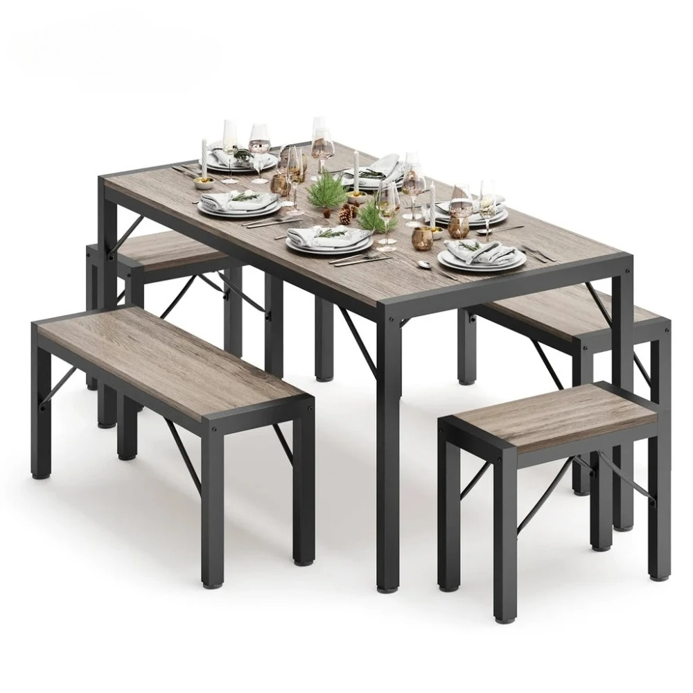 

63" Dining Table Set for 6, Kitchen Table with 2 Stools & 2 Benches, Wood Dining Room Dinette Sets with Metal Frame Nook- Gray