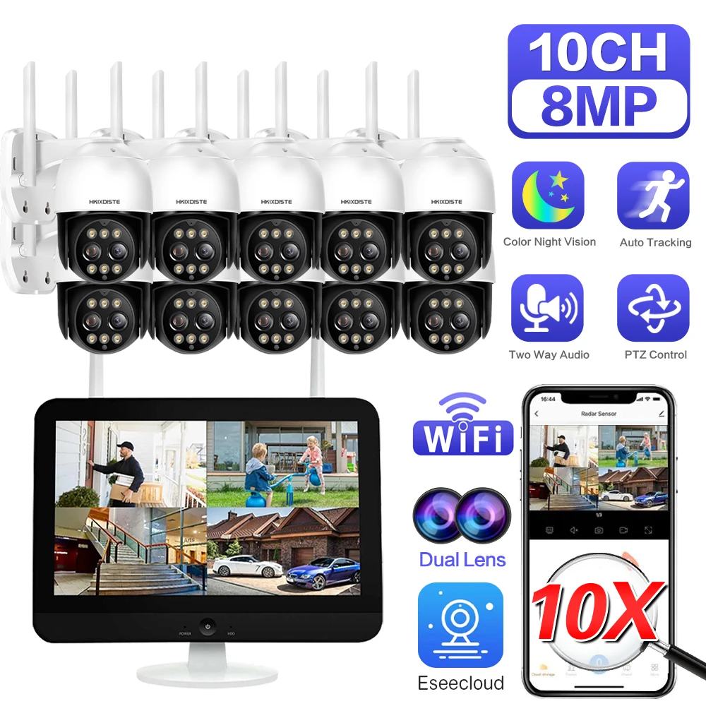 

10X WIFI PTZ IP Camera System 8MP Dual Lens AI Human Auto Tracking Wireless CCTV Camera Video Surveillance WIFI LCD Screen NVR