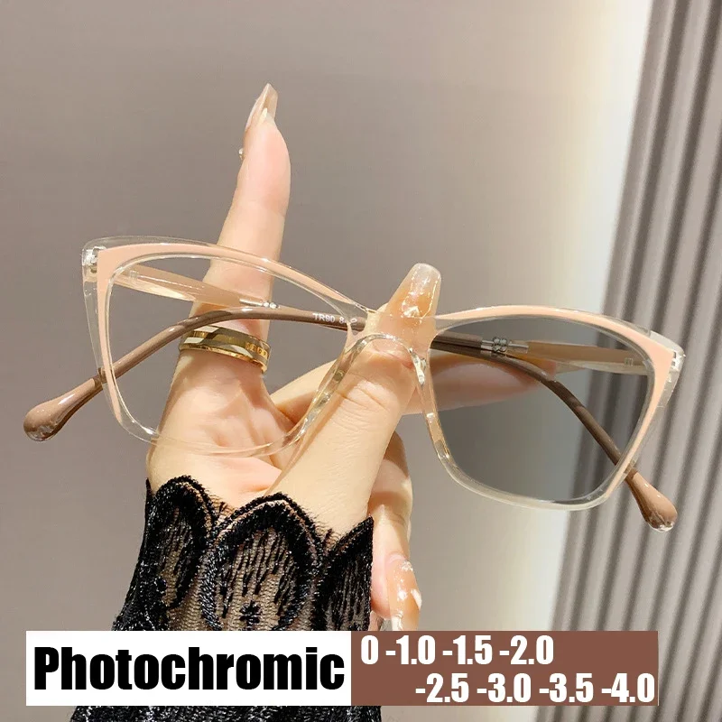 Smart Color Changing Ladies Minus Glasses New Trendy Cat Eye Frame Short Sight Eyewear Finished Photochromic Sunglasses Diopter