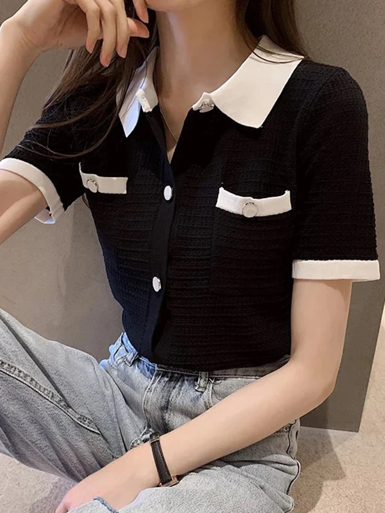Korean Fashion Clothes Short Sleeve Tees Women T Shirt Knitted Turn Down Collar Cardigan Female Tops 2023 Summer Camisetas Mujer