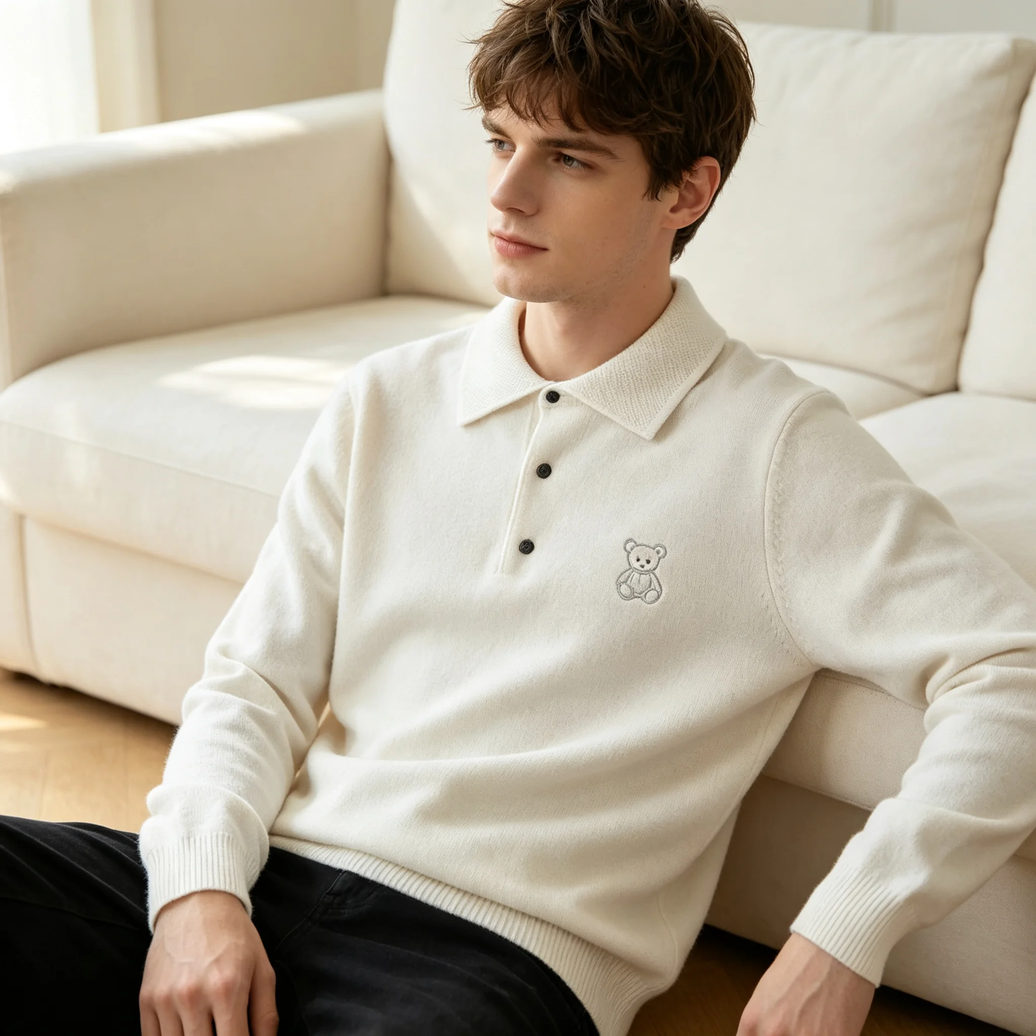 T-shirt autumn and winter 100% cashmere fashion men's solid color lapel sweater long sleeve