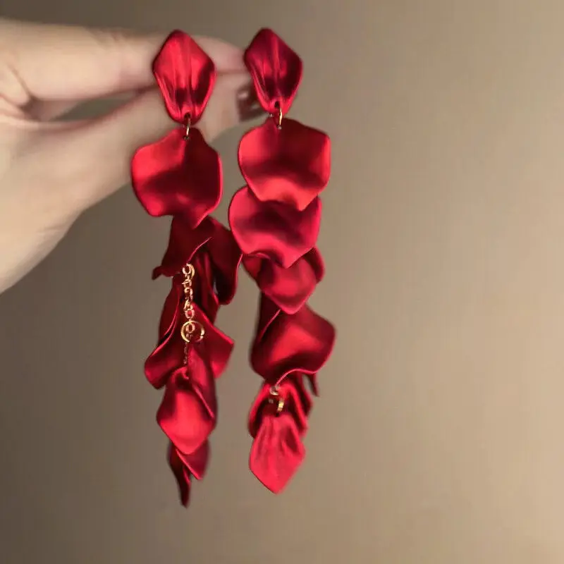 Bohemian Rose Petal Earrings Flower Red Yellow Blue Colors Flower Drop Earrings Long Tassel Earrings Party Wedding Jewelry C