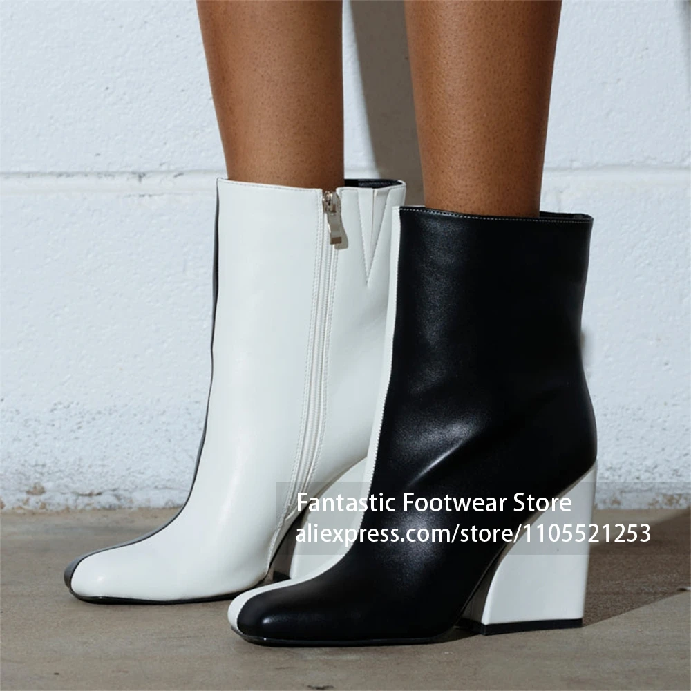 Genuine Leather lack White Color Block Boot Solid Integrated Wedge Heel Boot Vertical Splicing Design quare Toe Wedge Ankle Boot