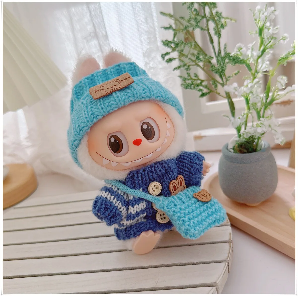 Para 15-17 cm lalaubu roupas originais labubu brinquedo boneca de luxo nova festa sentada urso etiqueta cachecol chapéu saco bonecas acessórios bonito
