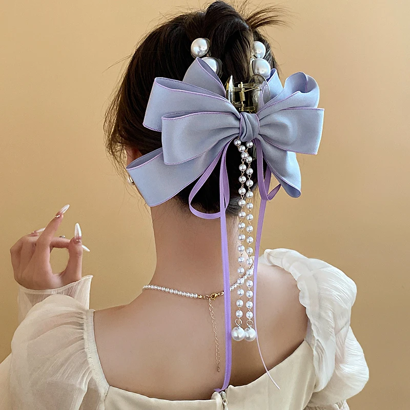 Large Purple Bow Hair Claw For Women Girls Imitation Pearl Long Ribbon Hair Clip Hairpin Party Hair Accessories Headwear