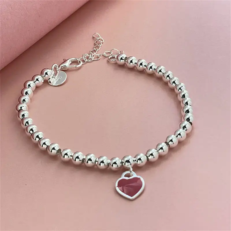 925 Sterling Silver beads chain Heart pendant Bracelets for Women Street all-match fashion designer Jewelry party wedding