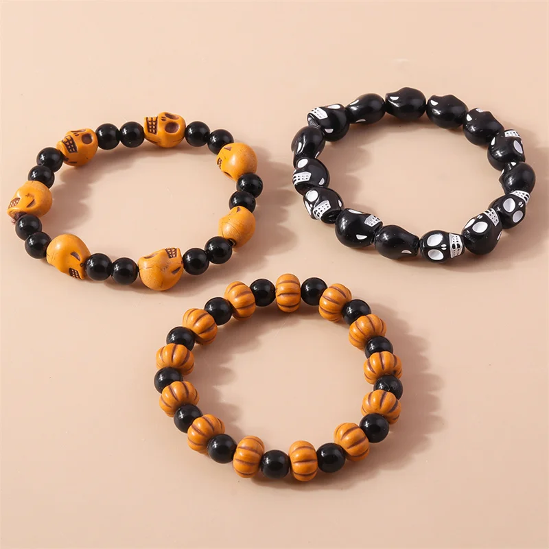 Aihua Punk Halloween Skull Pumpkin Bracelets for Women Men Hip Hop Beaded Bracelets & Bangles Halloween Jewelry Gifts