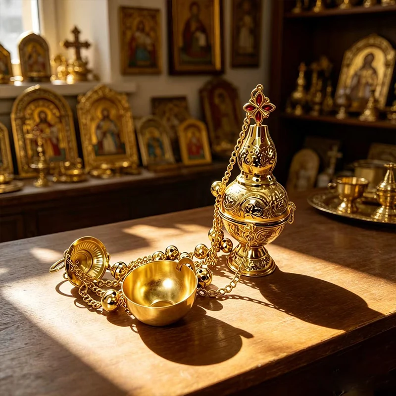 Neuer hochwertiger vergoldeter orthodoxer Weihrauchbrenner mit Kette und Glocken für Kirchenliturgie, Segnung und religiöse Zeremonien – Detail 3