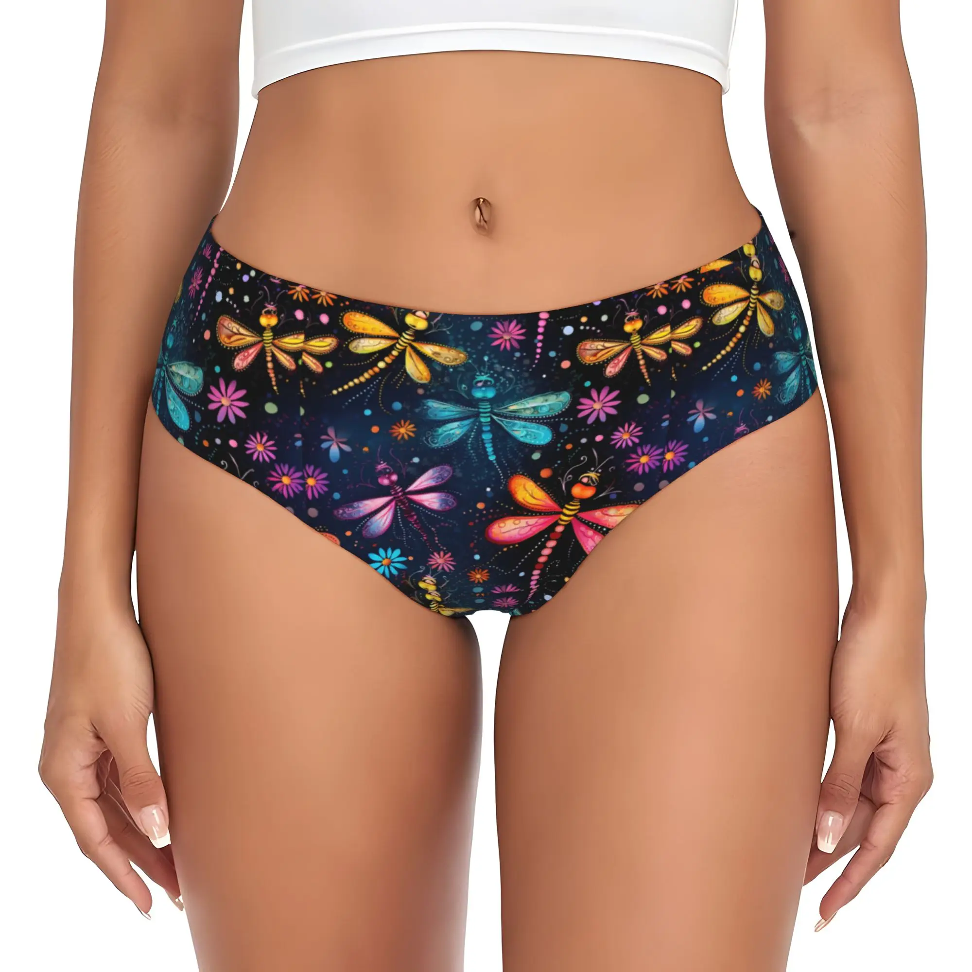 Women Whimsical Dragonfly and Flowers Panties Stretch Funny  Briefs Underwear
