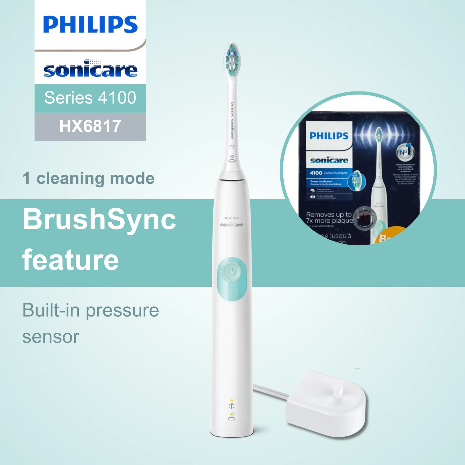 Escova de dentes elétrica Philips Sonicare série 4100 HX6817, recurso BrushSync, uso úmido e seco, 1 cabeça de escova de dentes, remoção de placa