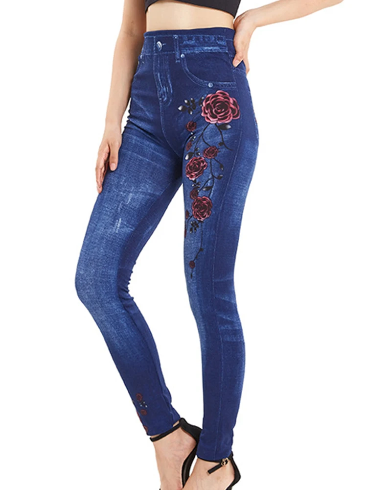 Out Wear Faux Denim Jeans High Stretch Leggins Fitness Yoga Legging Printed Tight Summer Women Pants