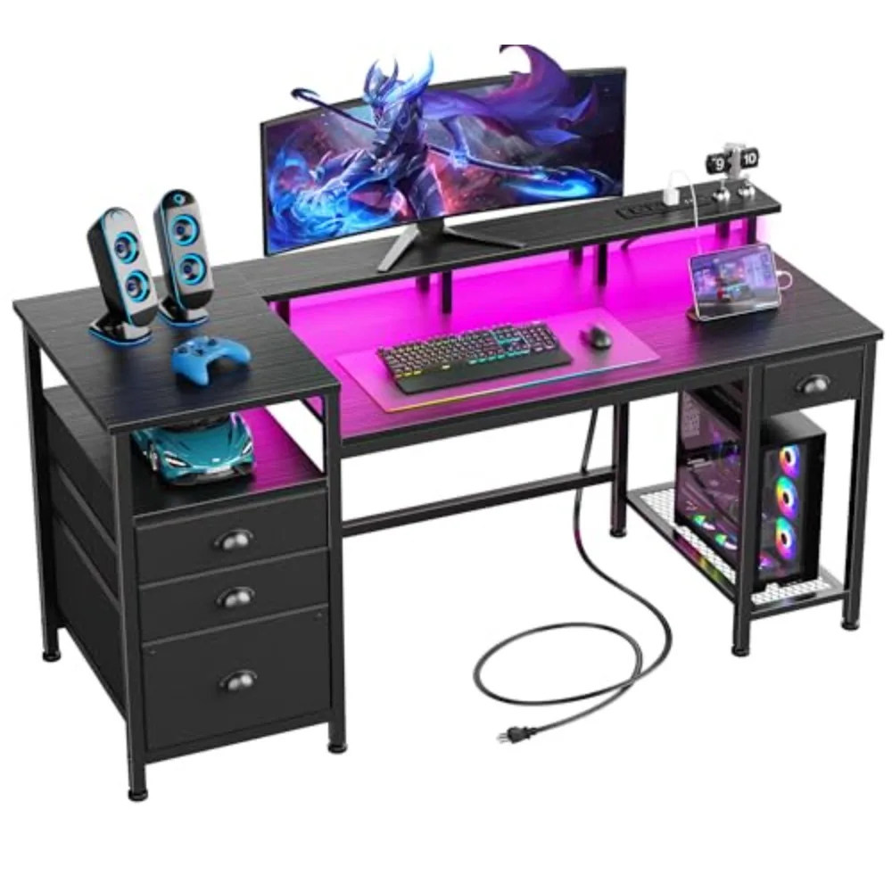 60" Black Computer Desk with 4 Drawers and Printer Space, Gaming Desk with LED Lights and USB Power Outlets, Home