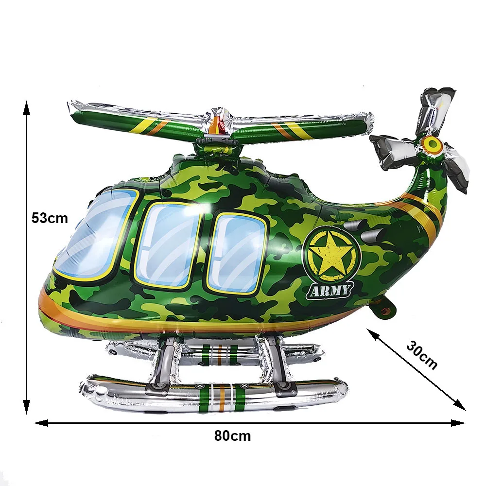 Dekoracje wojskowe na imprezę balon wojskowy kamuflaż pancerny myśliwiec z balonów foliowych chłopców o tematyce kamuflażu materiały urodzinowe