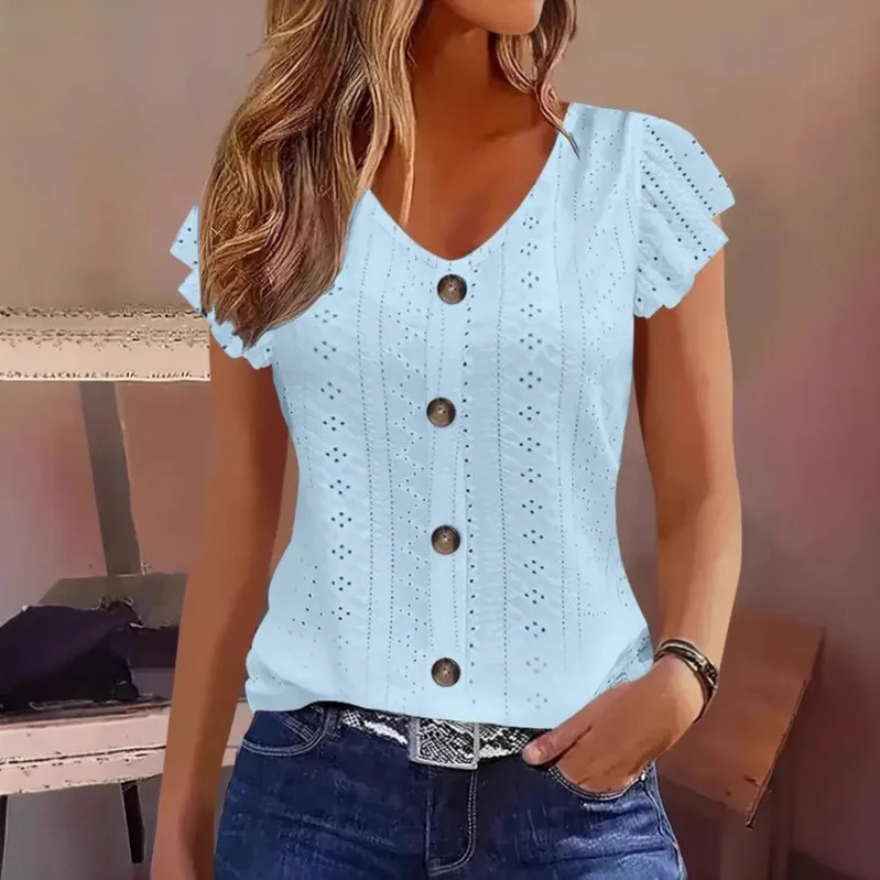 Women's Casual Loose Fit Solid Color V Neck Short Sleeve Button Front Blouse with Eyelet Embroidery Elegant Summer Shirt for