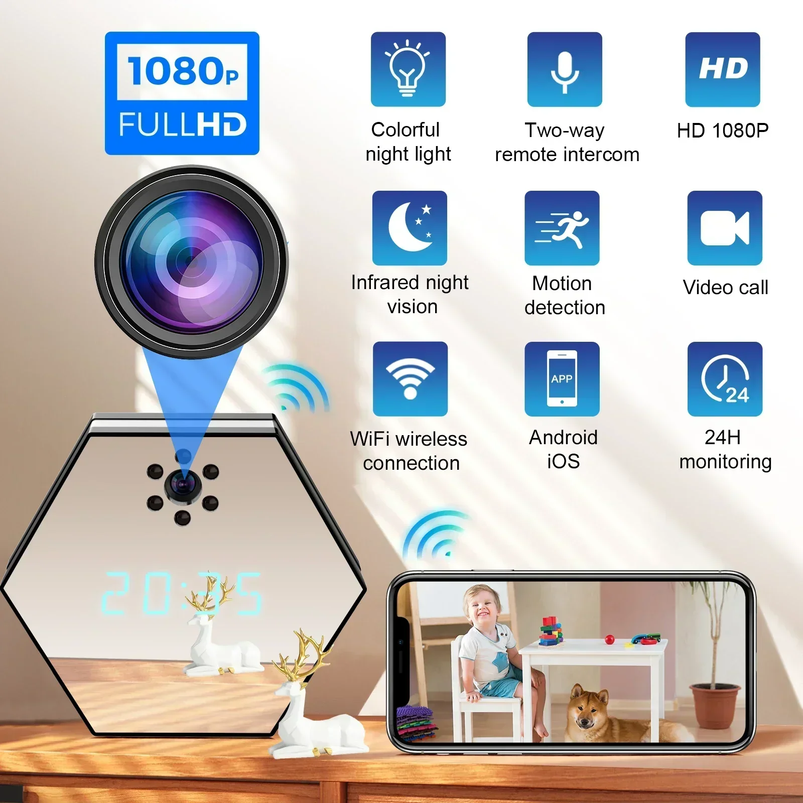 

Mini Wireless Camera with Strong Night Vision WiFi Security Camera with Clock, Full HD, 4K LED Light, WiFi Nanny Cam