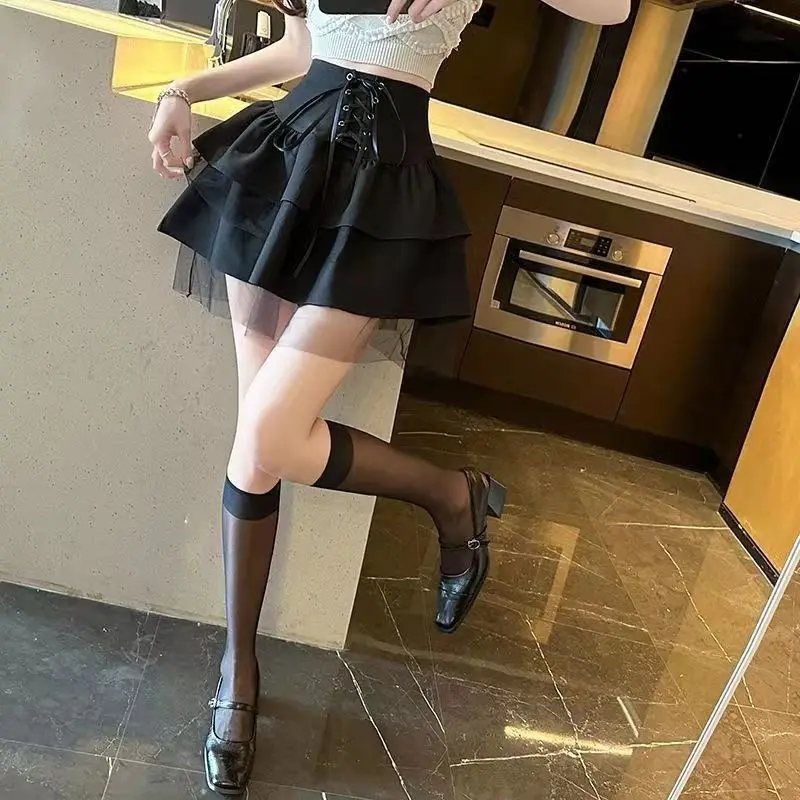 Summer New High Waist Bandage Fluffy Skirt Solid Color All-match Youth Black Fashion Cake Skirt Sweet Y2K Korean Women Clothing