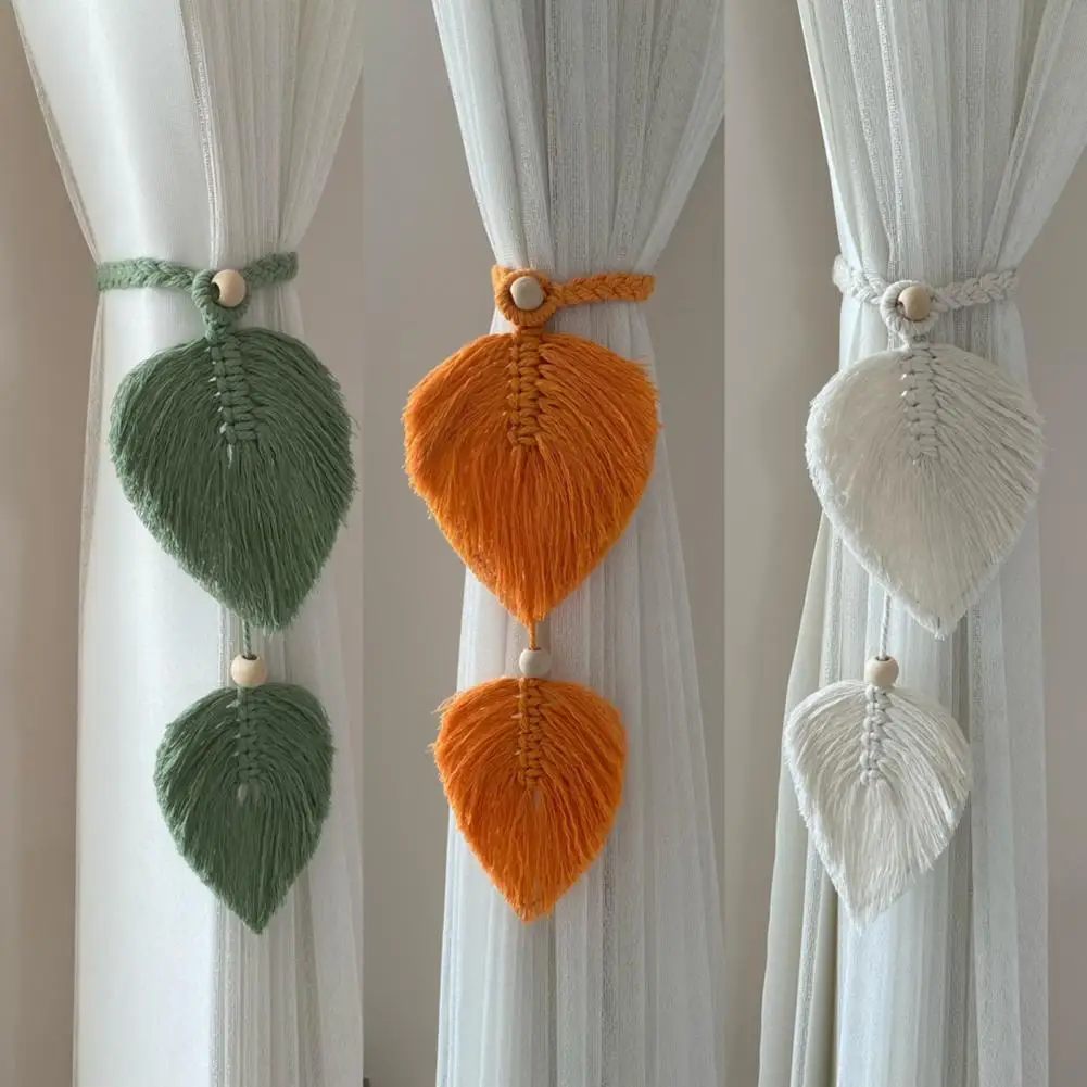 Boho Style Curtain Tiebacks Hand Knitting Cotton Linen Holdbacks Adjustable Wooden Bead Double Leaves Curtain Tie Back