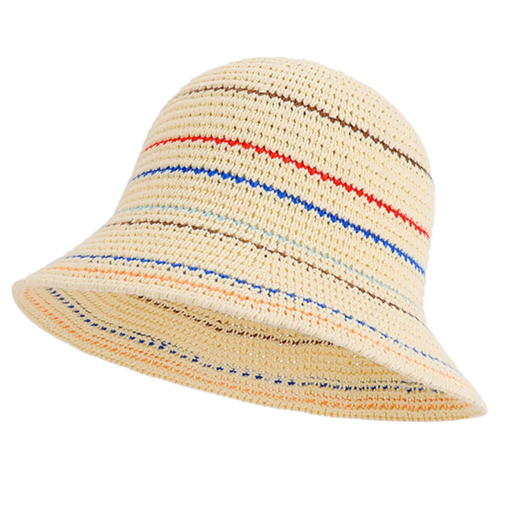HT5080 Neuer Frühling-Sommer Sonnenhut für Damen, Atmungsaktiver Gehäkelter Strohhut, Breitkrempiger Strandhut, Faltbarer Strick-Bucket-Hat – Detail 2