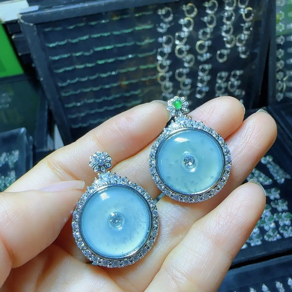 

Natural A jadeite ice blue safety buckle pendant