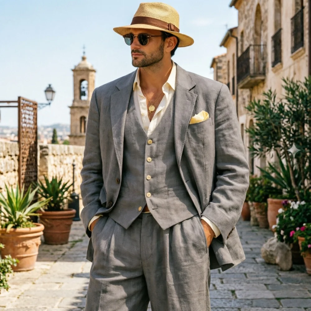 

Серый льняной мужской костюм-тройка: летний, дышащий, приталенный, для торжественных мероприятий, свадеб, пляжа, отпуска. Легкий и мягкий.