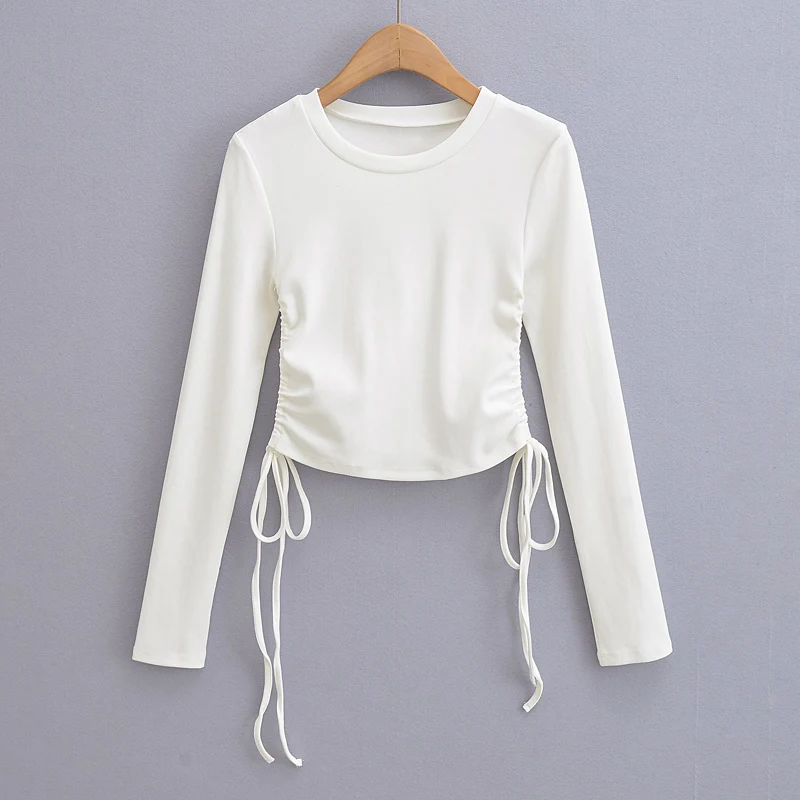 Vintage clothes long sleeve crop top white korean streetwear t shirt Cropped Fall outfits women t shirts side ruched drawstring