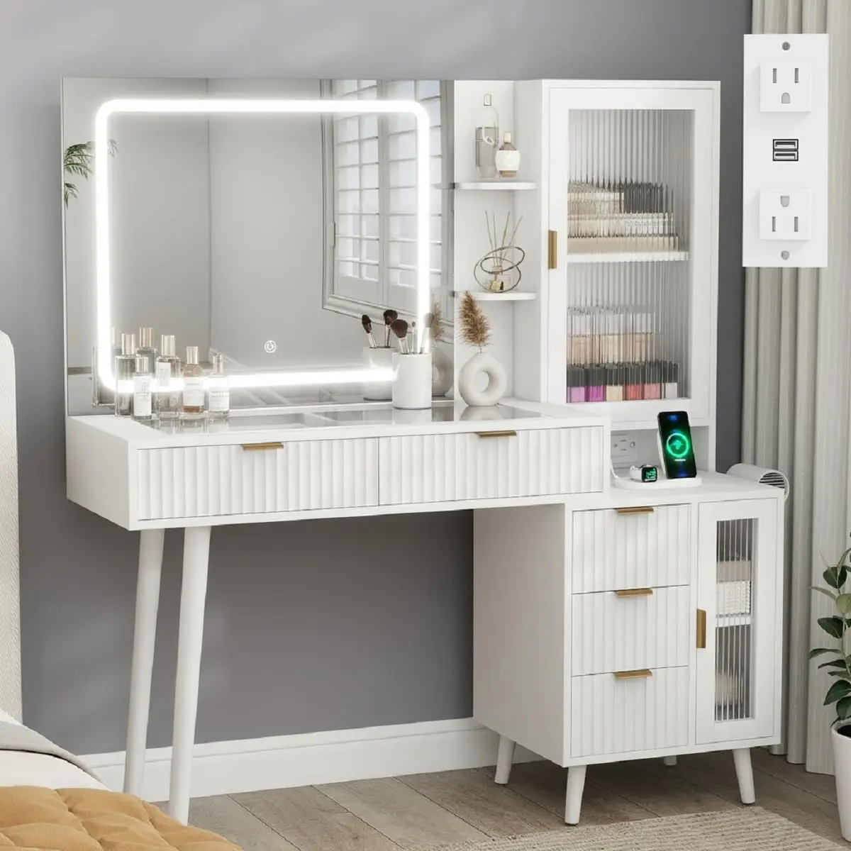 White Vanity Desk with Mirror & Lights, 49