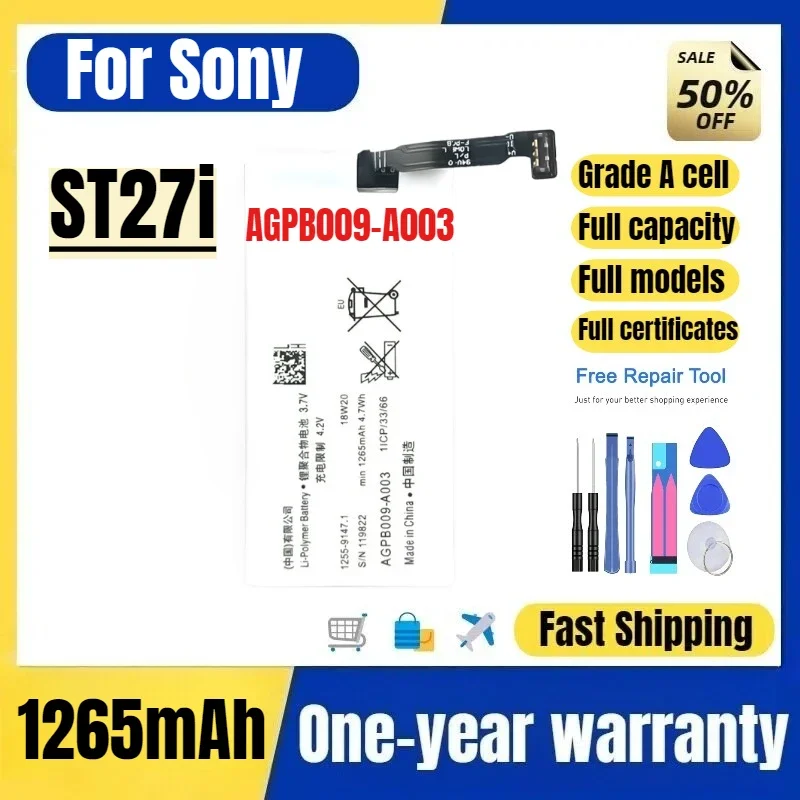 AGPB009-A003 for Sony ST27i Mobile Phone Battery High Quality High Capacity Battery Replacement Bateria Grade A Cell with Tools