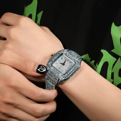 UWIN Blue Rhinestones Watch Luxury Diamond Wrist Watch Big Face Square Full Bling Iced Out Watch for Men Hip Hop Rapper Gift