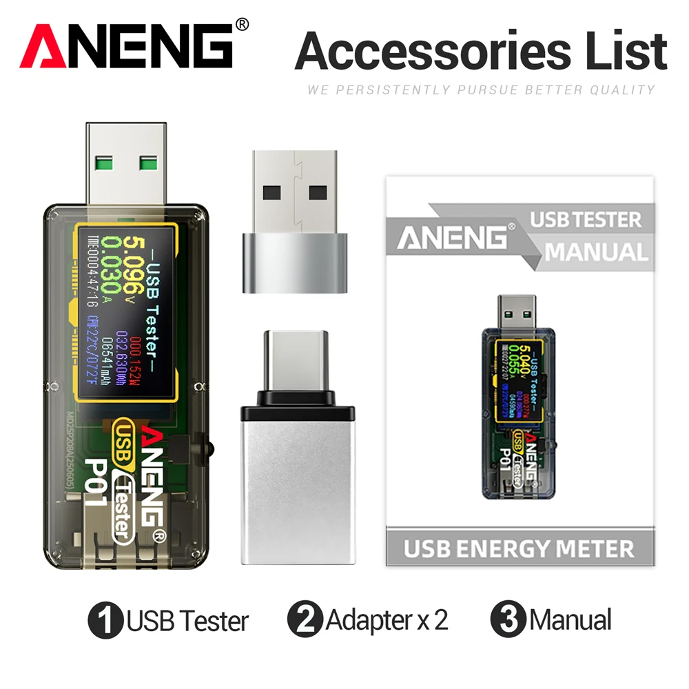 ANENG P01 USB-tester, voltmeter, ampèremeter, Type-C-snellaadtriggerdetector, instrument voor het meten van capaciteit en rimpelspanning.