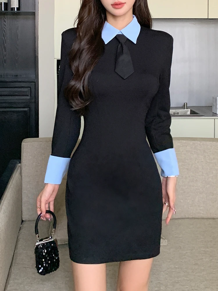Korean Fashion Slim-Fit Suit Dress Women Lapel Long Sleeve High Waist Bodycon Mini Dress Office Ladies Zipper Dress Party Outfit