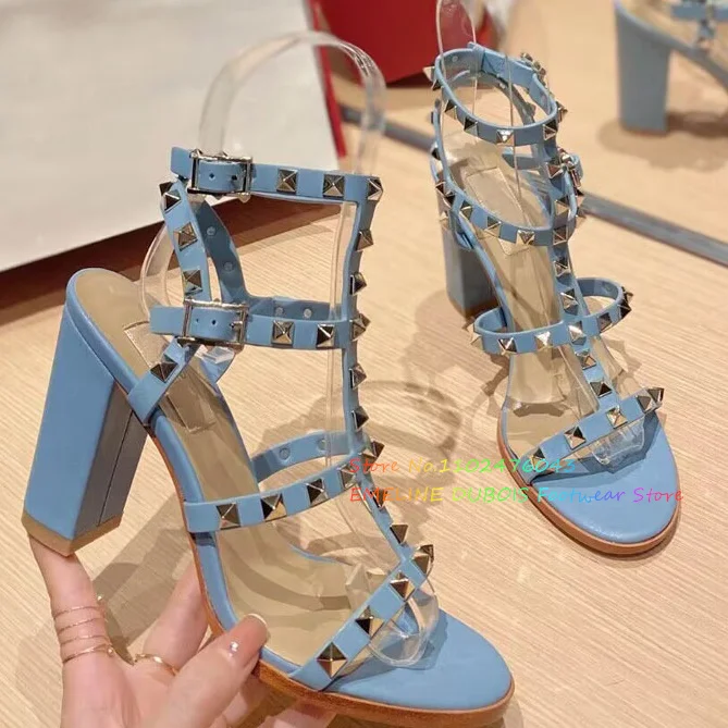 Rivet Round Head Thin Strap Sandals Women T-Strap Studded Open Toe Thick Heel Slingback Leather Nude Party Dress Shoes