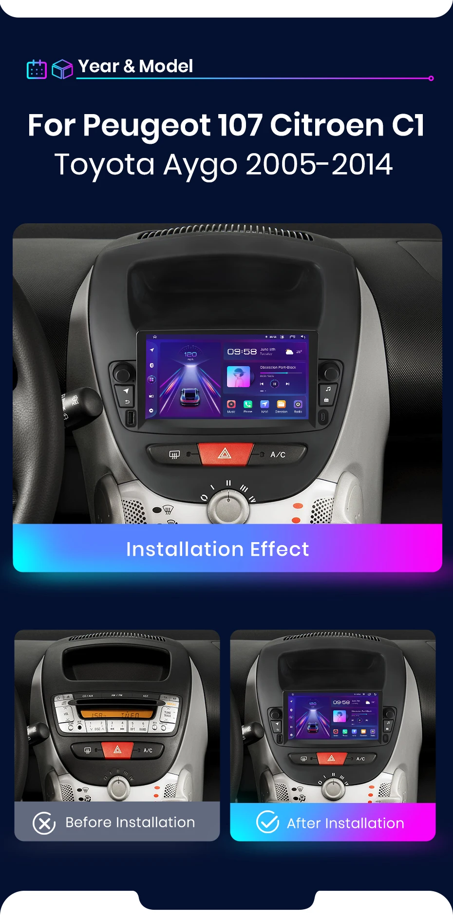 Junsun Android 15 Autoradio für Peugeot 107, Citroen C1, Toyota Aygo 2005, intelligentes Fahrzeugsystem, Apple CarPlay, GPS-Bildschirm. – Detail 3