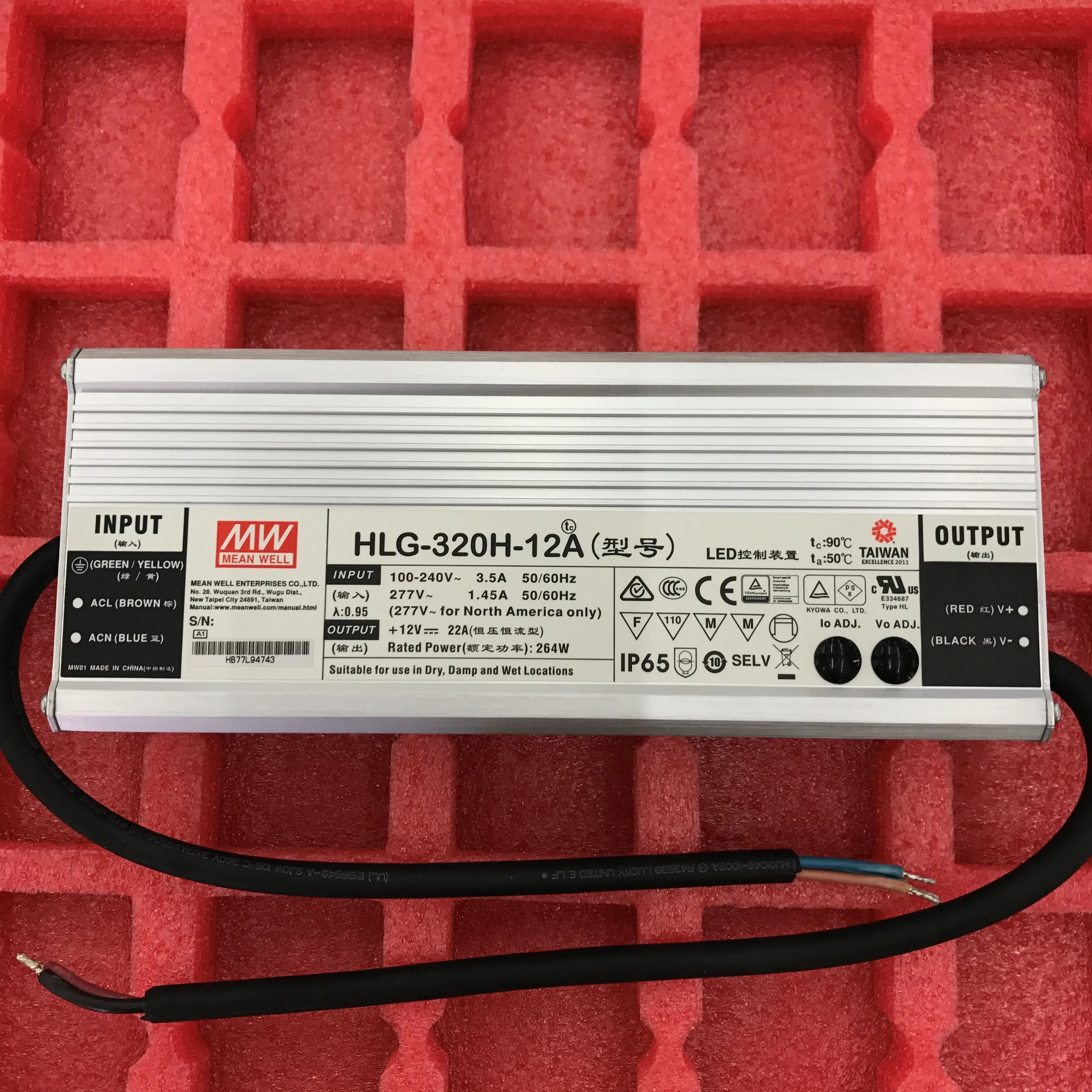 Taiwan Mingwei Waterproof LED Power Supply HLG-320H-12A 264W 12V 22A Authorized Distribution, New