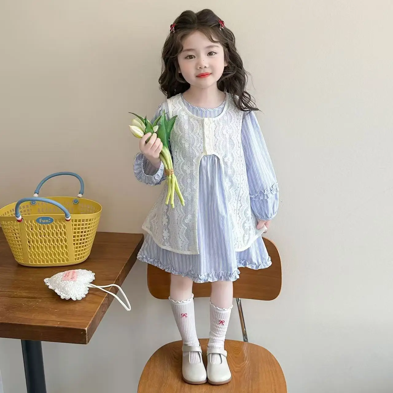 

Girls' Dress Spring and Summer New Style Children's Fashion Striped Long Sleeve Princess Dress 2-piece Set