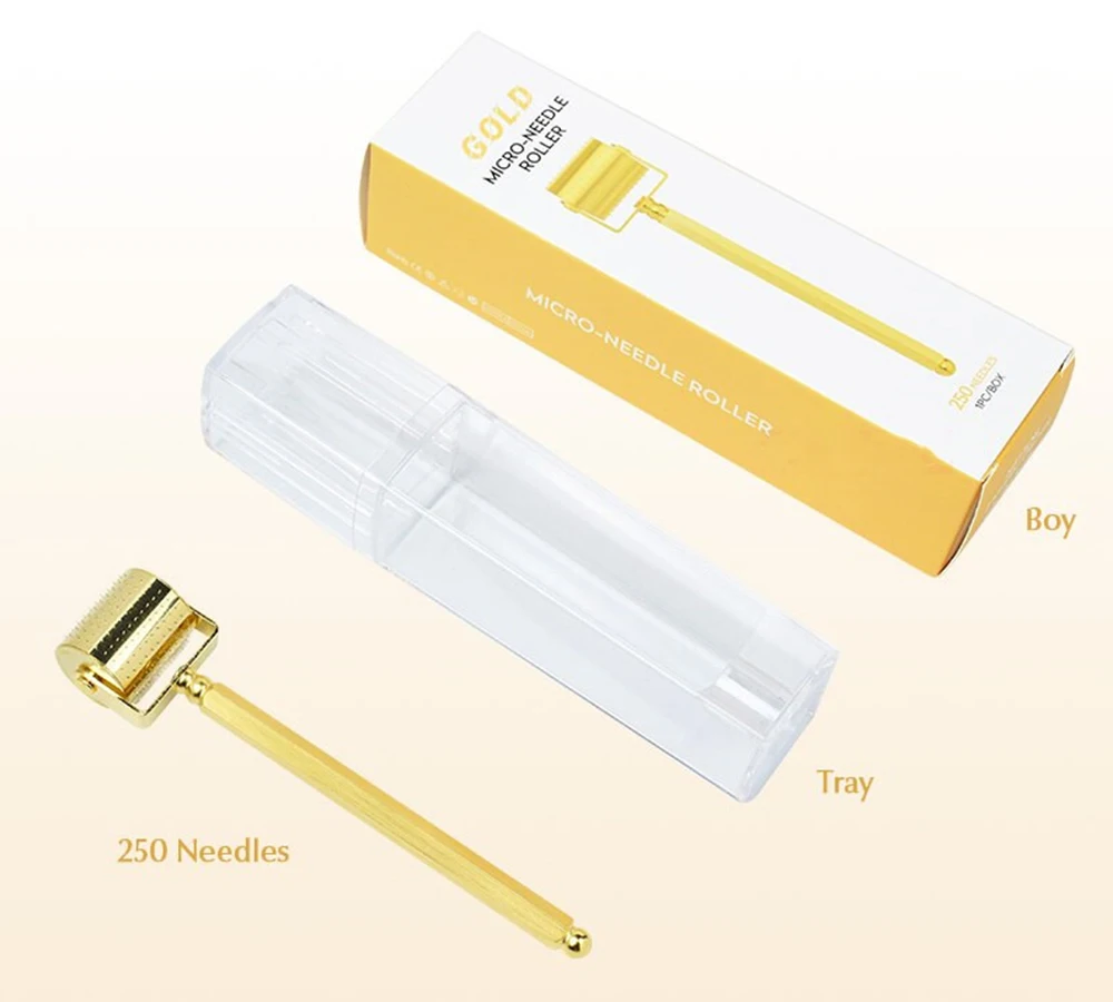 Deluxe New Design Golden Derma Roller 250 Fine Medical Titanium Gold Micro Needles Dermaroller For Beard Growth And Face Care