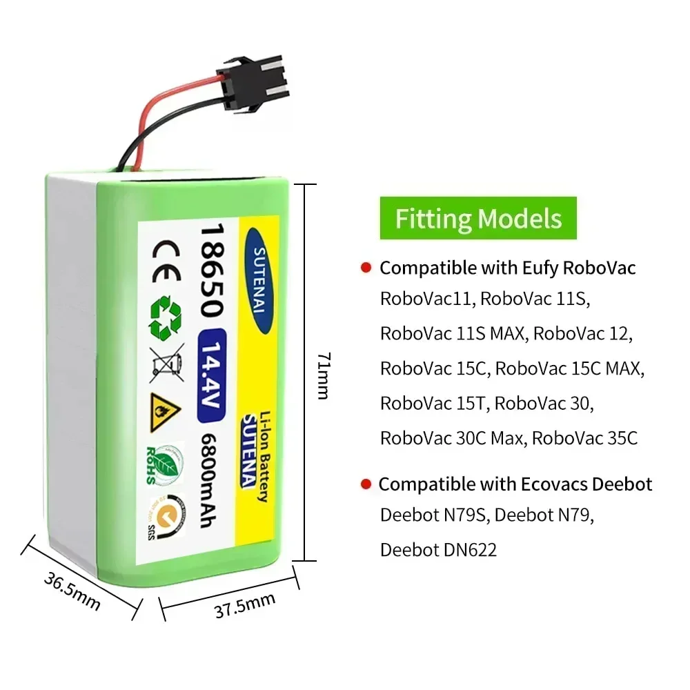 14,4 V 6,8 Ah Li-Ionen-Akku für Cecotec Conga Excellence 950 990 1090 Ecovacs Deebot DN621 601/605 Eufy RoboVac 35C Panda i7 V710