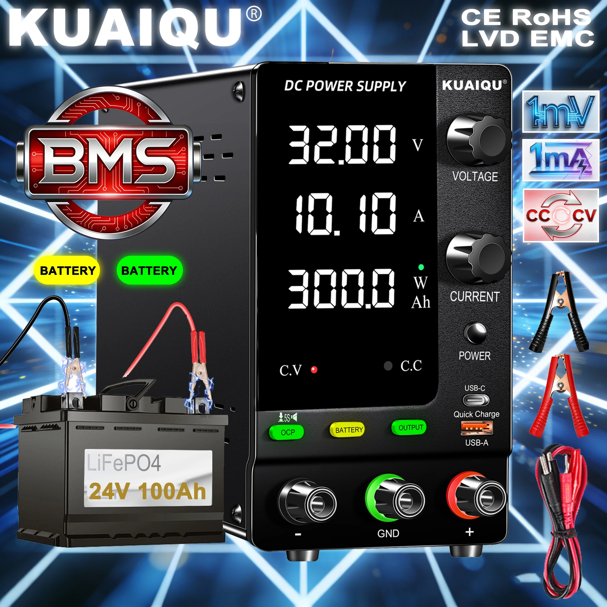 KUAIQU DC-Netzteil, variabel, 30 V, 10 A, verstellbares, schaltgeregeltes DC-Tischnetzteil mit intelligentem Lademodus, OCP