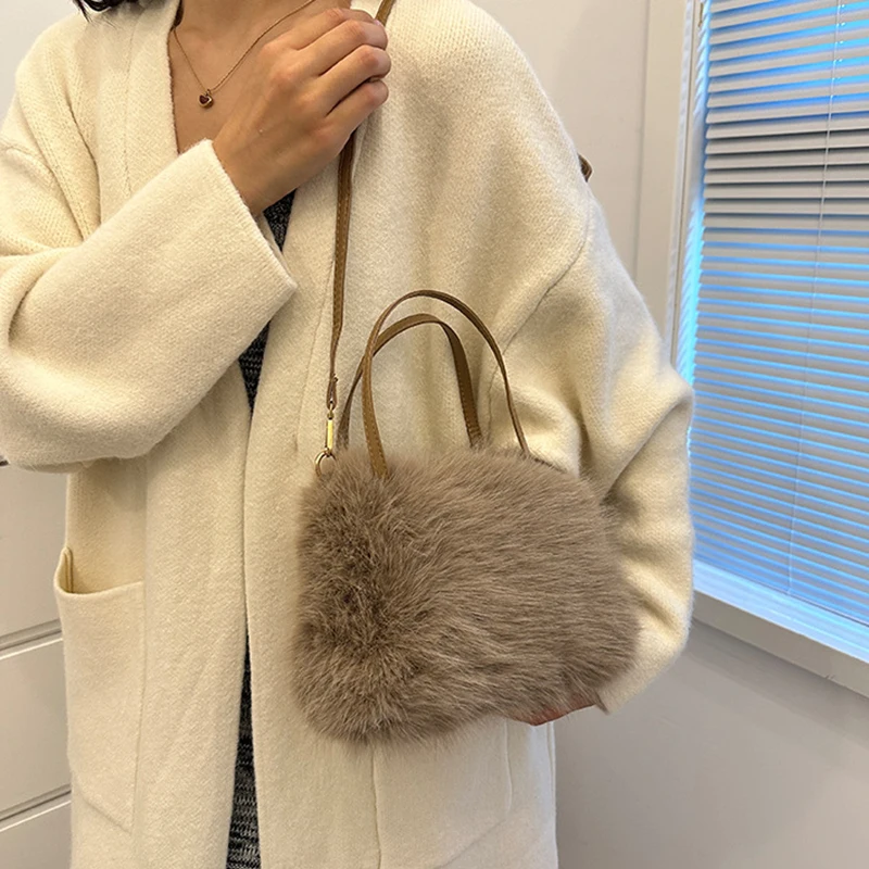 Faux Fur Tote Bag Women's Bucket Plush Light Luxury Ladies Handbags Soft Winter Crossbody Shoulder Bags Bolsa Feminina