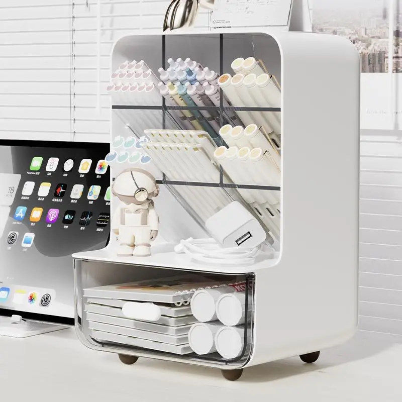 

Multifunctional Stationery Organizer with Transparent Compartments Drawer for Markers Pens Notebooks and Desk Supplies Storage