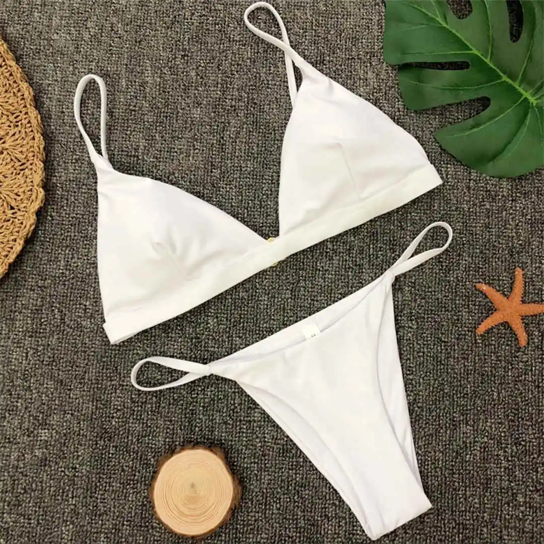 Neuer, verführerischer, gepolsterter brasilianischer Bikini, Damen-Badeanzug, zweiteiliges Bikini-Set, einfarbiger Badeanzug, Damen-Badebekleidung, V64A. – Detail 31