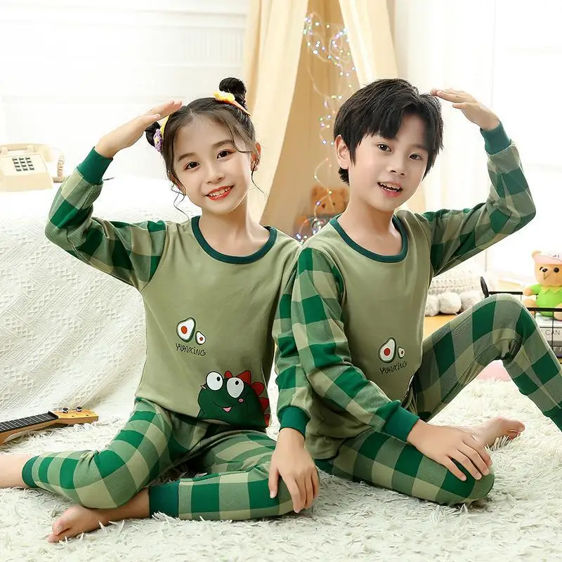 2 to 14 Years Girls Sleepwear Set Autumn Winter Children Cartoon Pajamas Cotton Pijamas Boys Dinosaur Loungewear 2Pcs Tops+Pants