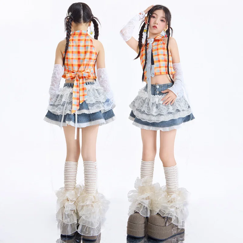 hip-hop-street-dance-sleeveless-plaid-top-denim-mini-skirt-jazz-dance-costume-group-stage-show-performance-clothing