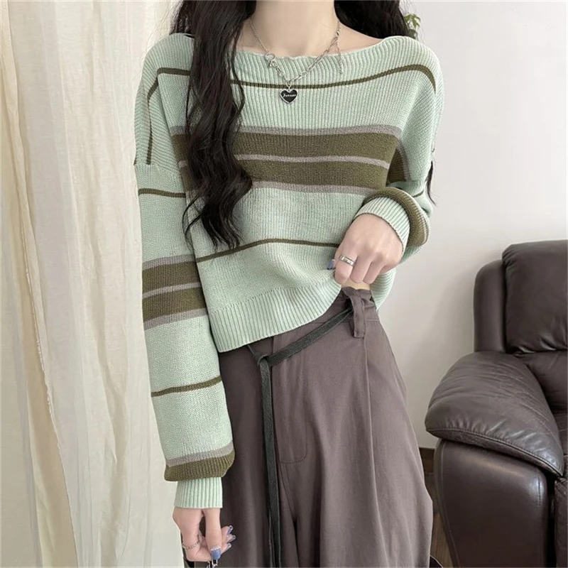 Women Trendy Striped Patchwork Chic Kawaii Knitted Sweaters Y2K Female Casual Streetwear Long Sleeve Loose Pullover Tops Jumpers