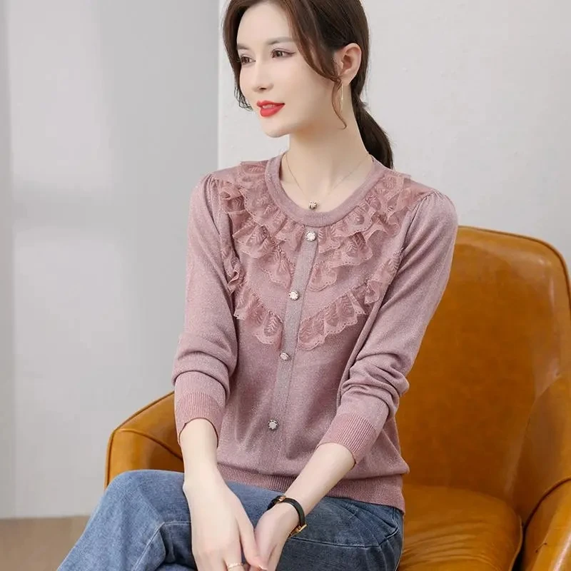 Round Neck Fashionable Lace Flower Edge Sweater Women Pullover Korean Loose Knitted Top Female Long Sleeved Knit Tops