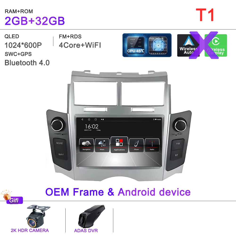 Android 16 Autoradio Voor Toyota Yaris XP90 Vitz Platz 2005-2012 Draadloze CarPlay 2din Stereo DSP multimedia Playe GPS Autoradio
