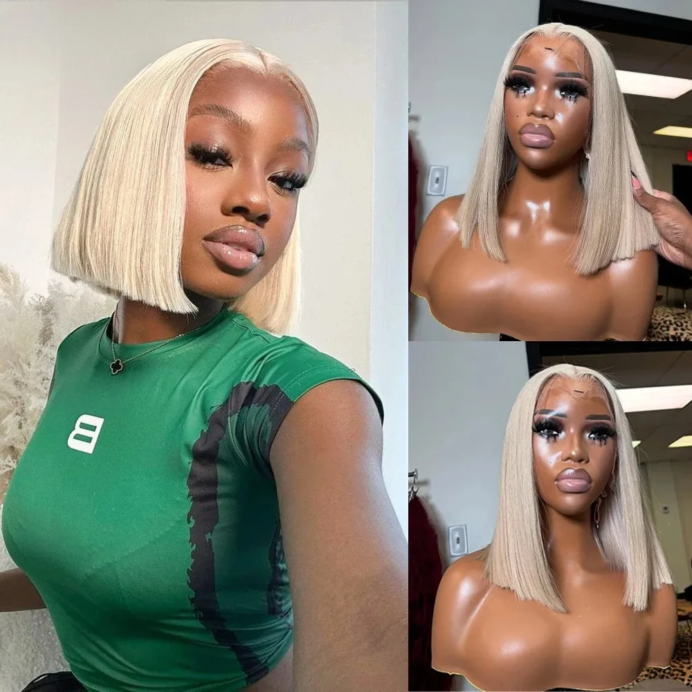White Wig Short Bob Lace Front Wig 13x4 HD Transparent Straight Pre Plucked Glueless Synthetic And Blend Free Part Daily Cosplay