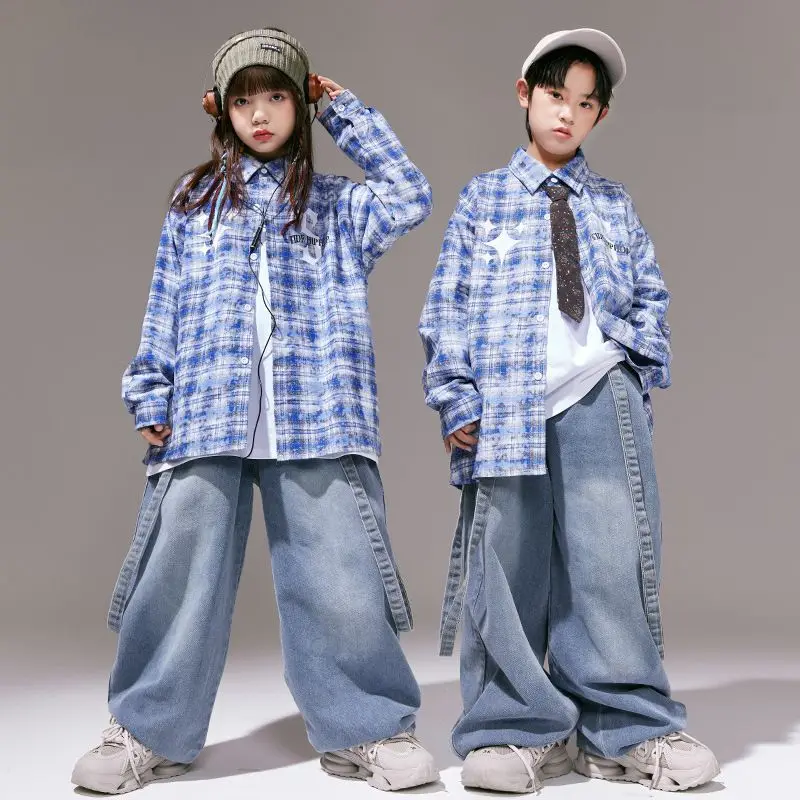 Hip Hop Jungen Paid Hemd Denim Weste Lose Jeans Mädchen Jazz Bluse Kind Street Dance Kleidung Sets Kinder Streetwear Teenager Kostüme