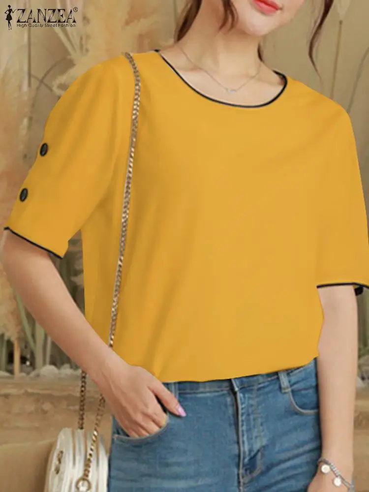 ZANZEA Elegant O-neck Basic Tops 2024 Summer Women Buttons Blouse Korean Office Casual Solid Blusas Fashion Short Sleeve Shirt